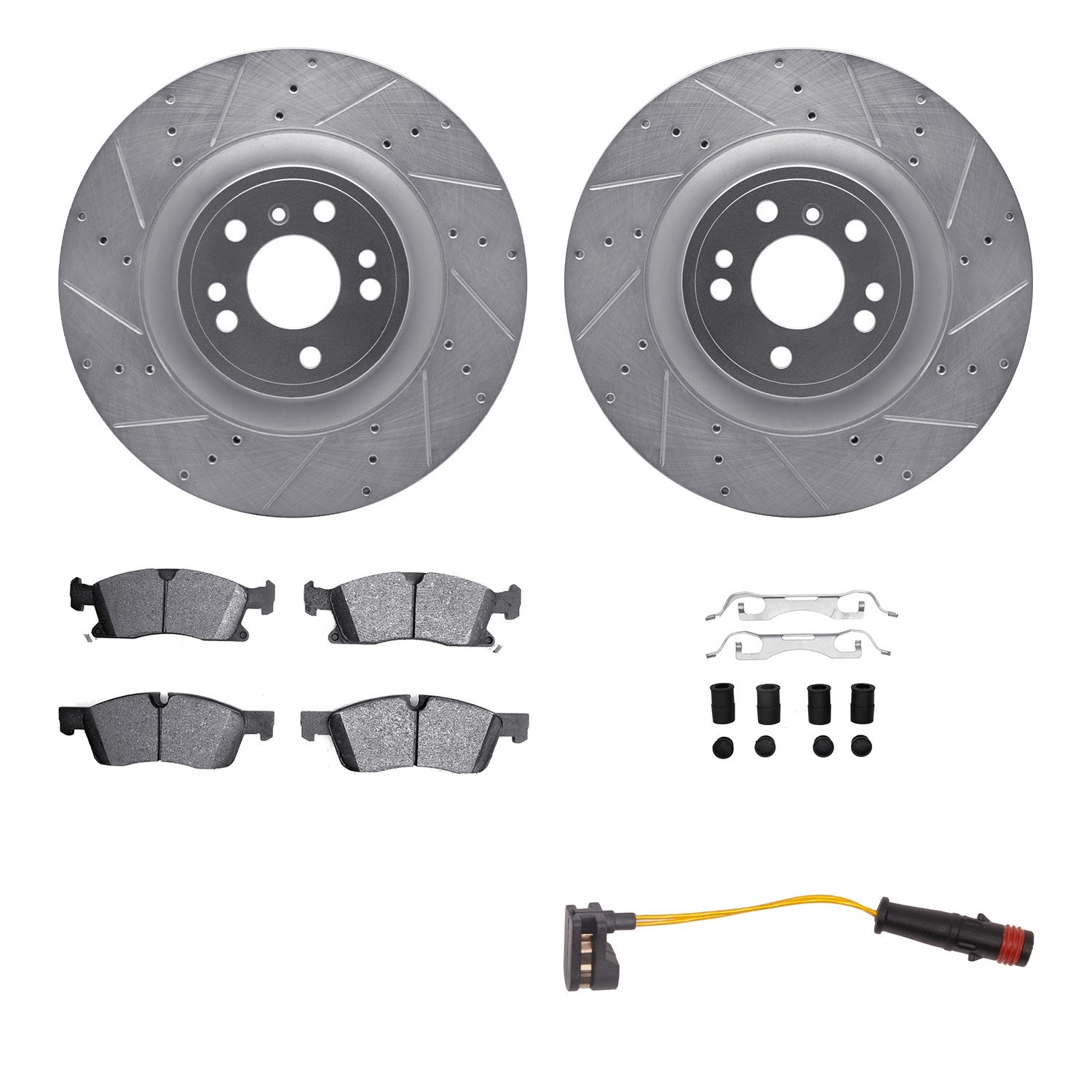 DYN 7222-63003 DFC Brake Rotor - Drilled & Slotted - Silver w/HD Brake Pad w/HW Kit & Sensor