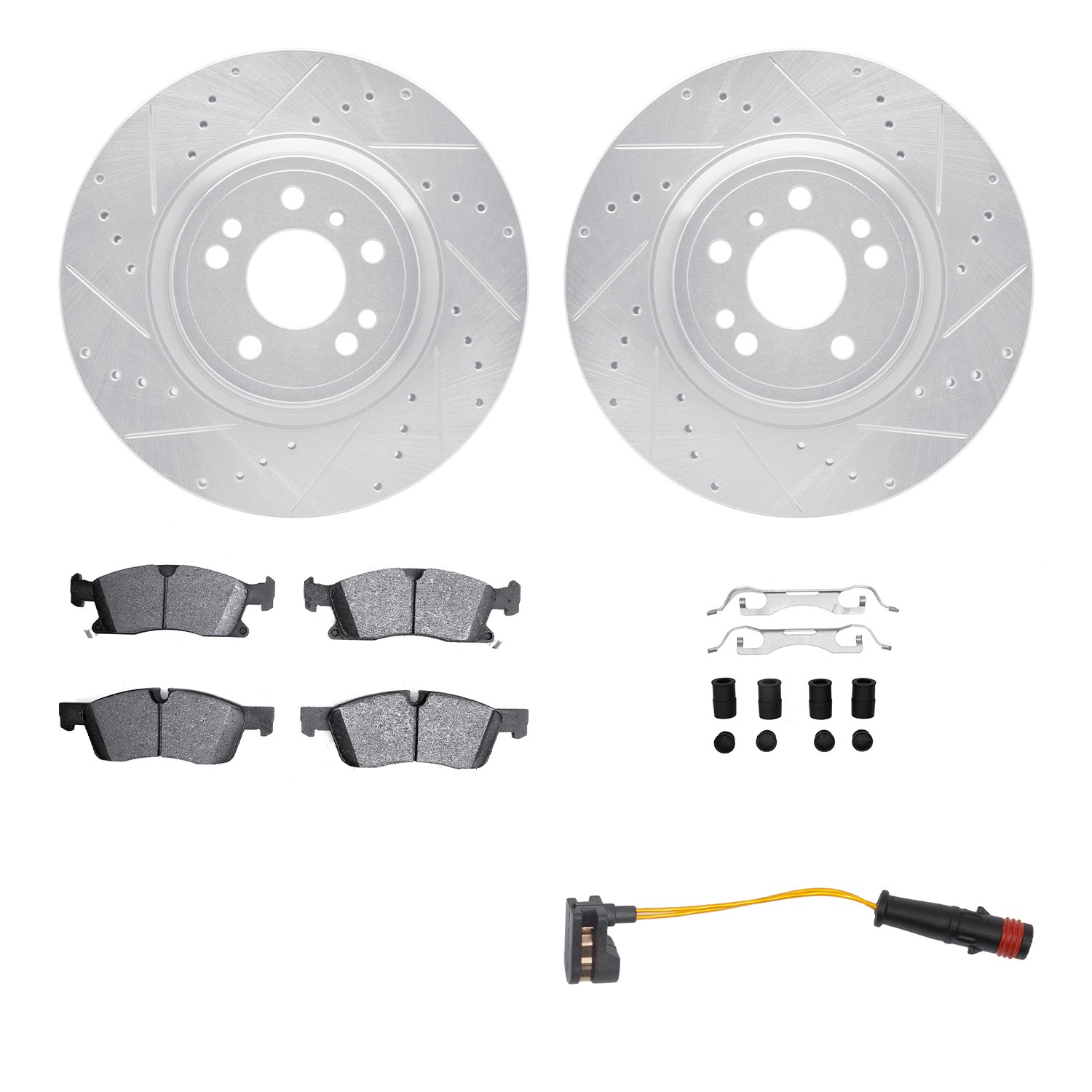 DYN 7422-63002 DFC Brake Rotor - Drilled & Slotted - Silver w/HD Brake Pad w/HW Kit & Sensor