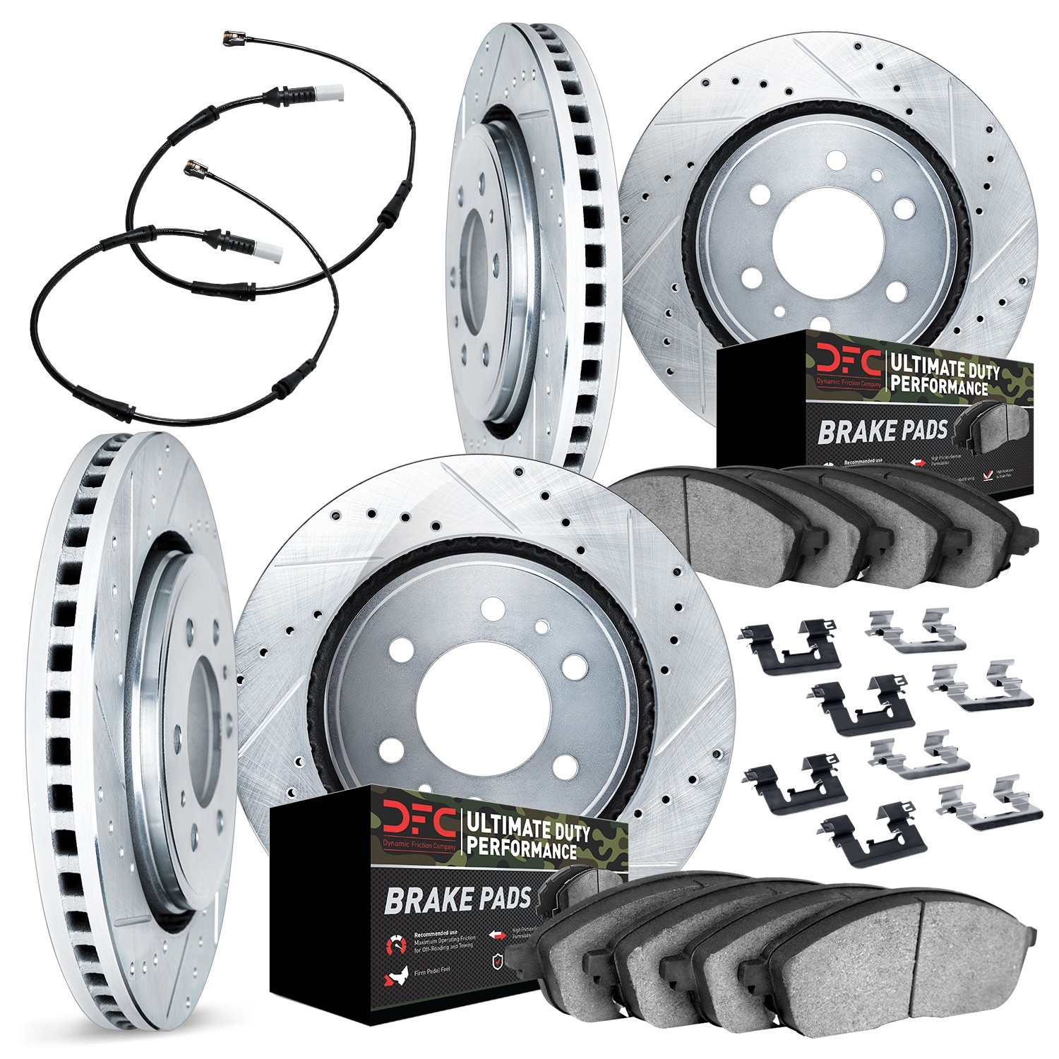 DYN 7424-47001 DFC Brake Rotor - Drilled & Slotted - Silver w/HD Brake Pad w/HW Kit & Sensor