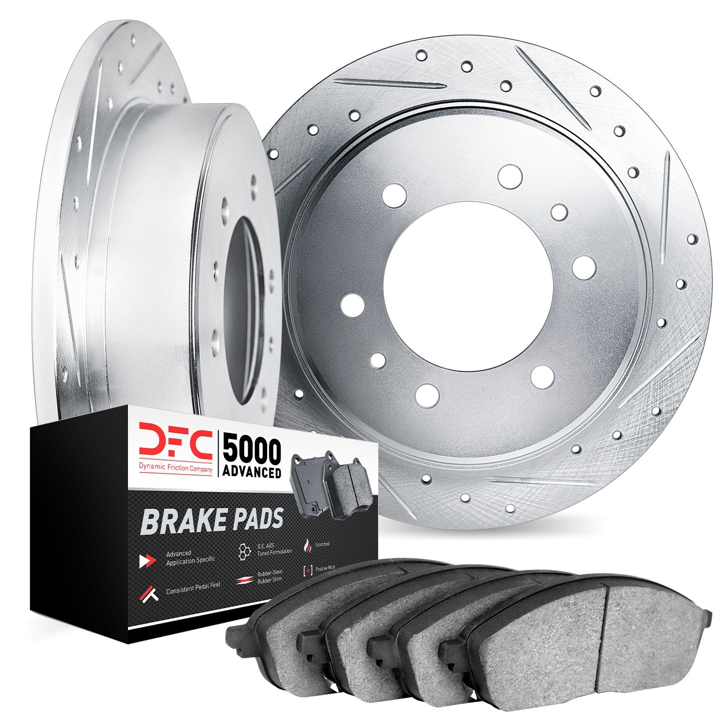 DYN 7502-16001 DFC Rotors-Drilled and Slotted-Silver with 5000 Advanced Brake Pads
