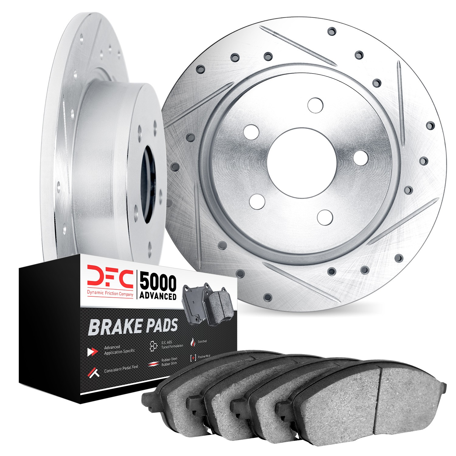 DYN 7502-76184 DFC Rotors-Drilled and Slotted-Silver with 5000 Advanced Brake Pads