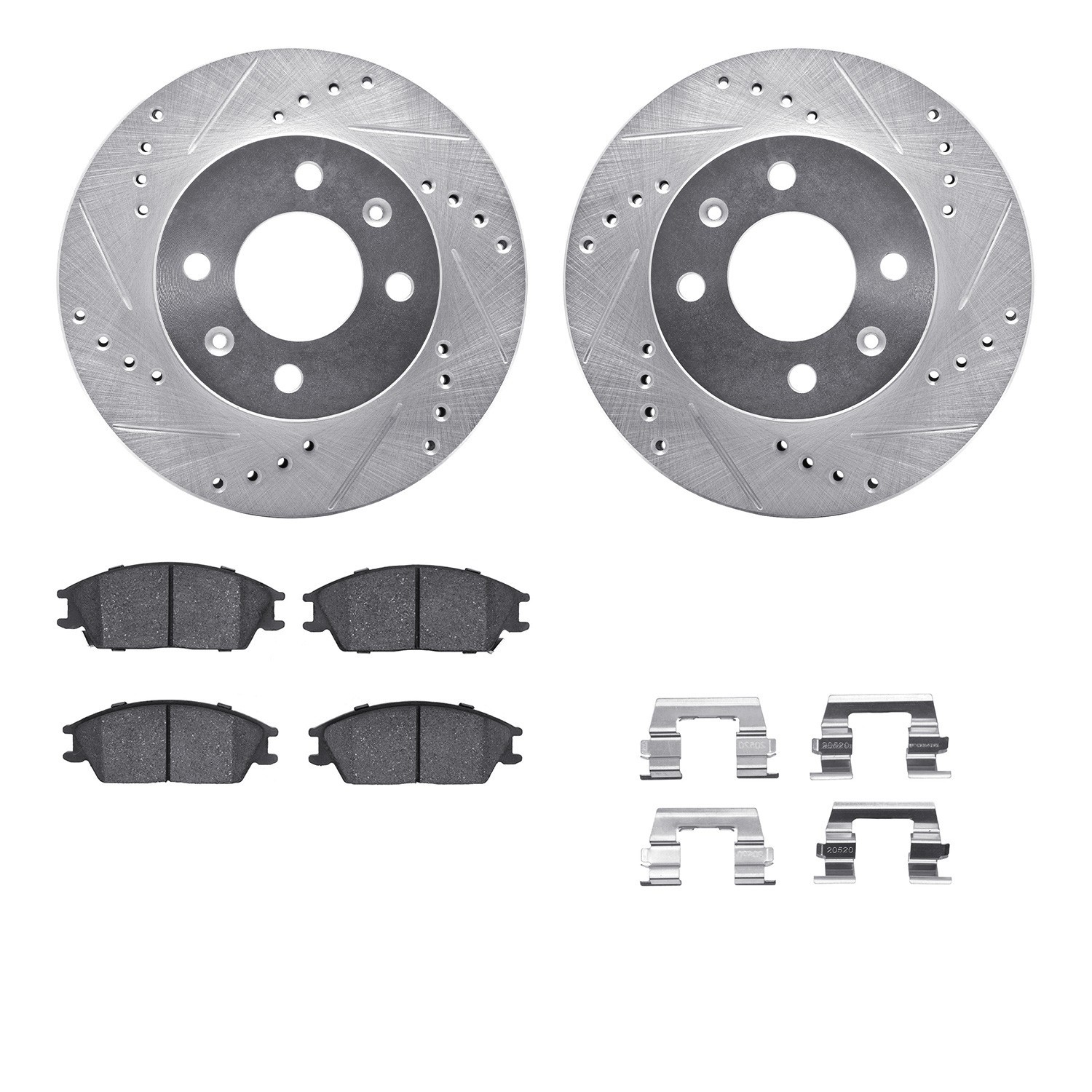 DYN 7512-03028 DFC Rotors-Drilled & Slotted-Silver w/ 5000 Advanced Brake Pads Incl Hdw