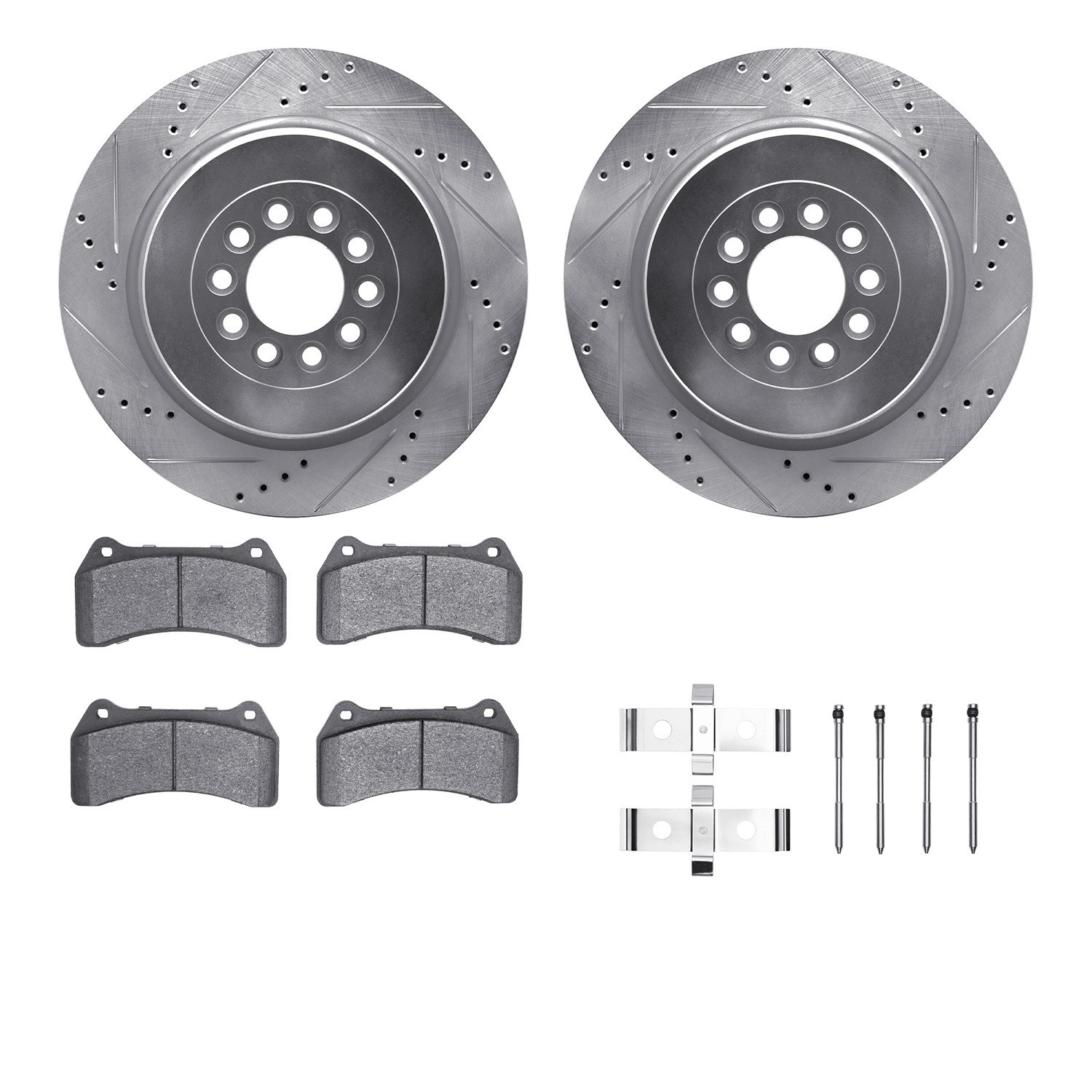 DYN 7512-20009 DFC Rotors-Drilled & Slotted-Silver w/ 5000 Advanced Brake Pads Incl Hdw