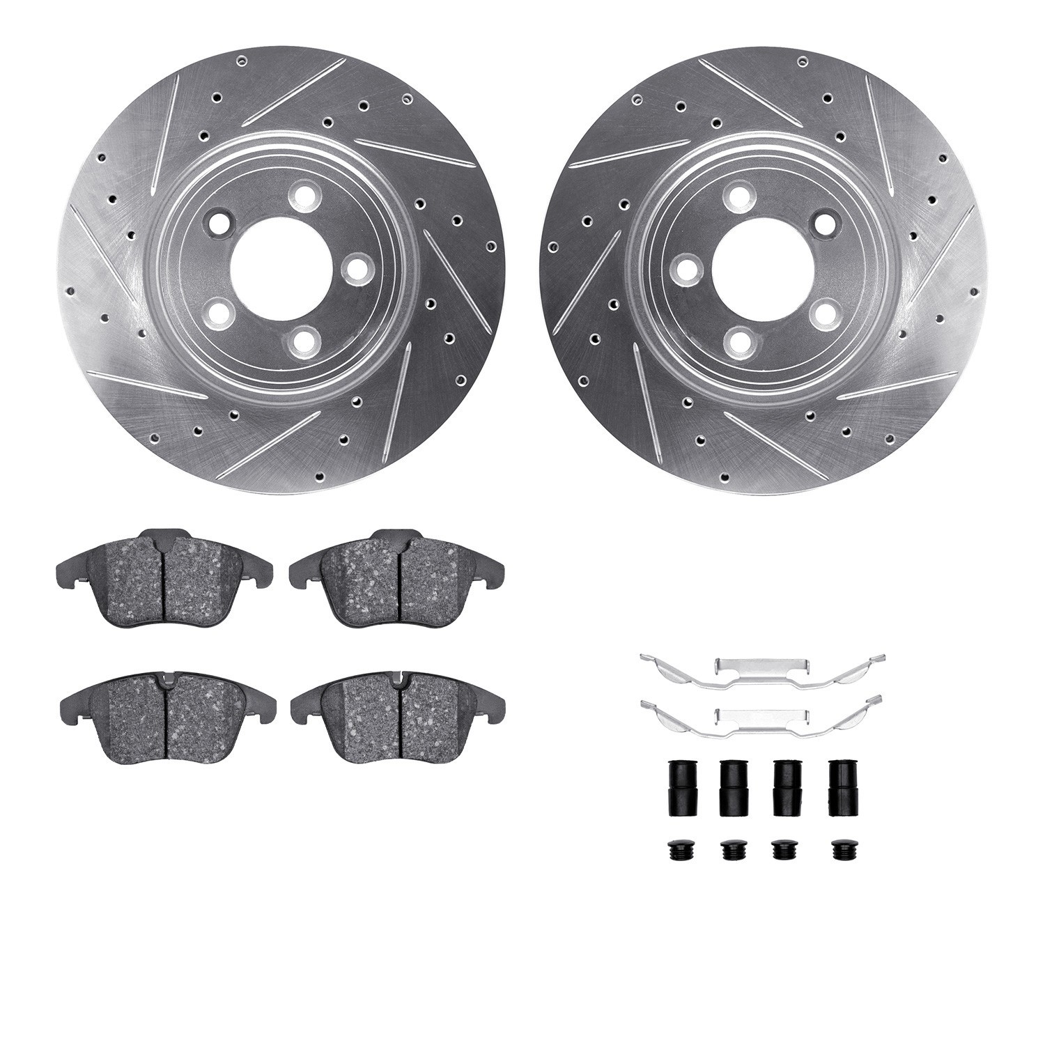 DYN 7512-20013 DFC Rotors-Drilled & Slotted-Silver w/ 5000 Advanced Brake Pads Incl Hdw