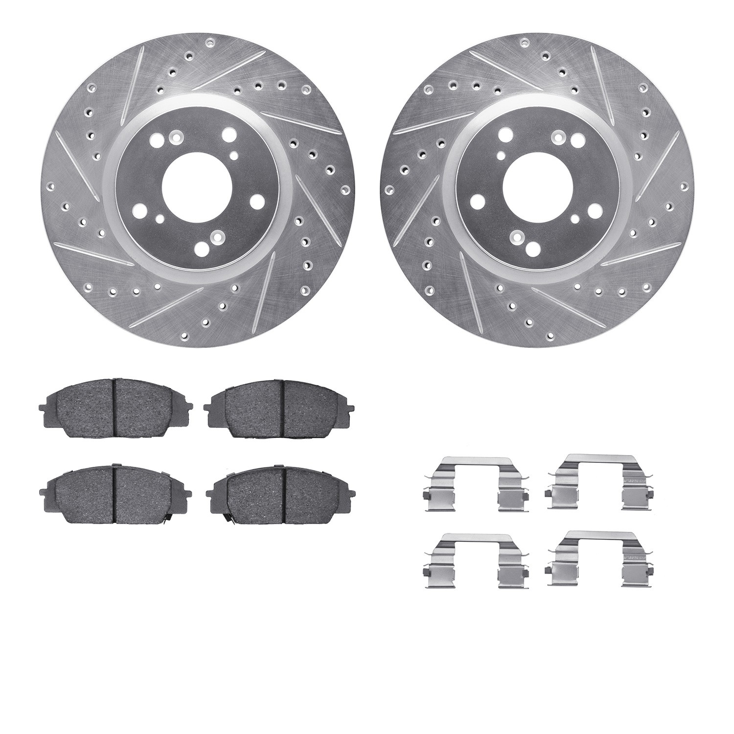 DYN 7512-59358 DFC Rotors-Drilled & Slotted-Silver w/ 5000 Advanced Brake Pads Incl Hdw