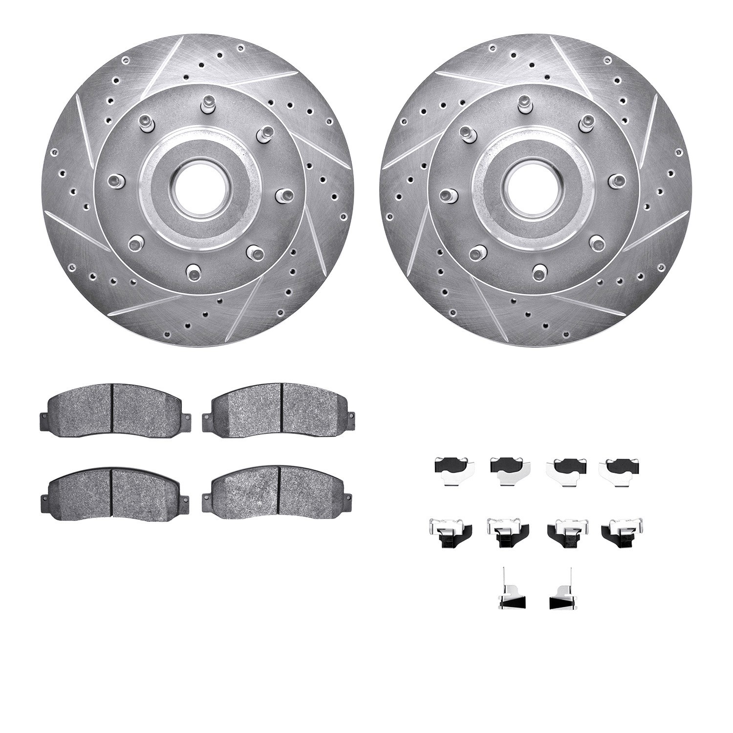 DYN 7512-99597 DFC Rotors-Drilled & Slotted-Silver w/ 5000 Advanced Brake Pads Incl Hdw