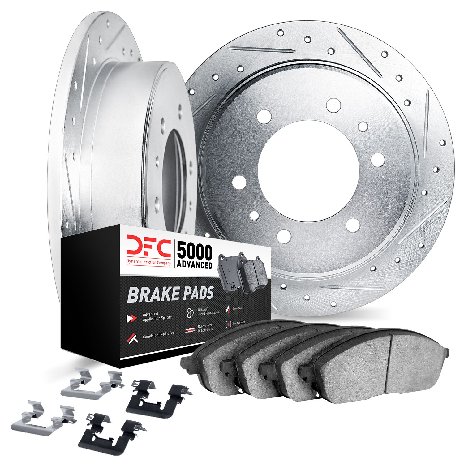 DYN 7512-99693 DFC Rotors-Drilled & Slotted-Silver w/ 5000 Advanced Brake Pads Incl Hdw