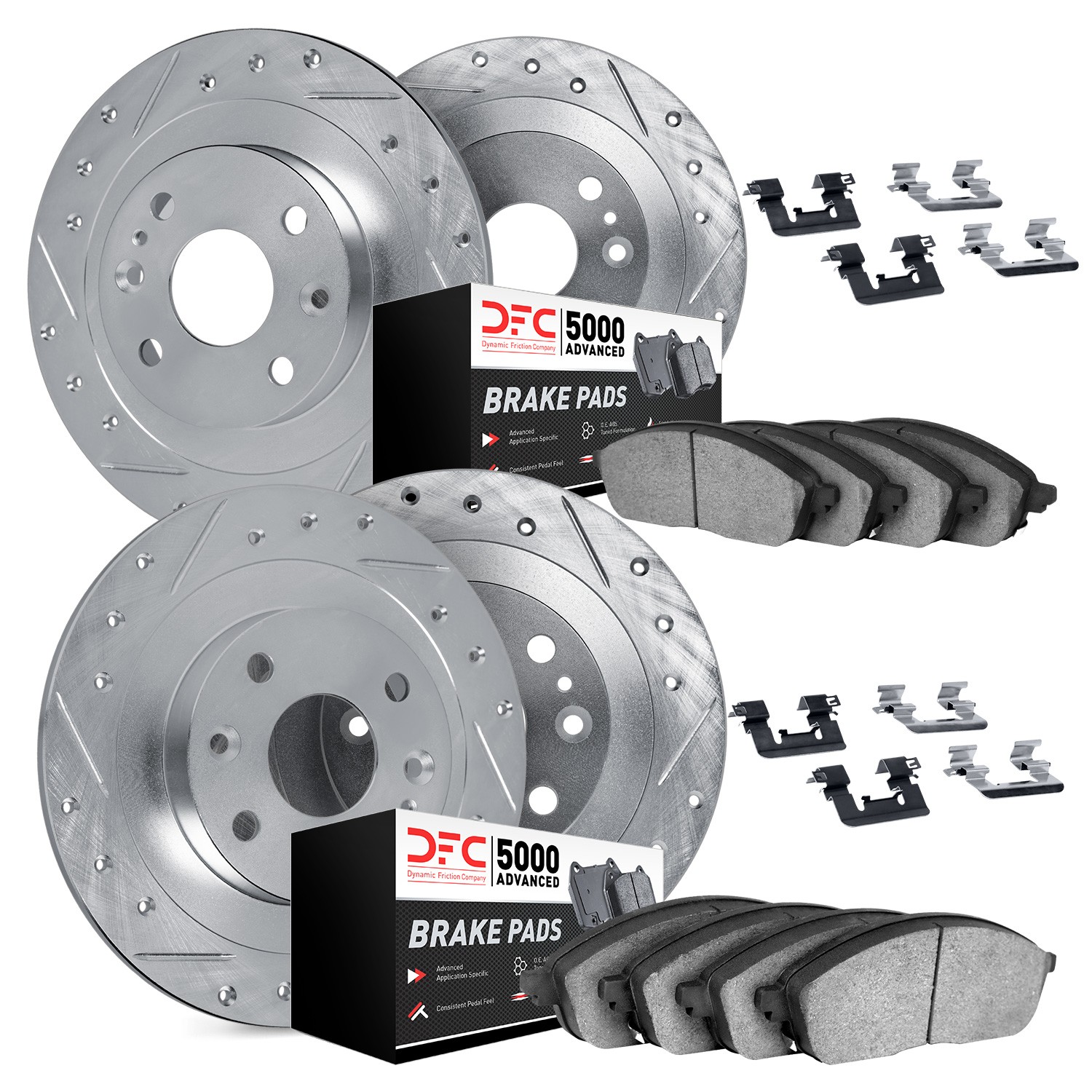 DYN 7514-07002 DFC Rotors-Drilled & Slotted-Silver w/ 5000 Advanced Brake Pads Incl Hdw