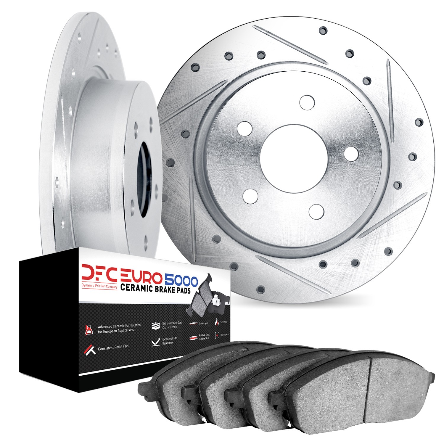 DYN 7602-63003 DFC Rotors-Drilled and Slotted-Silver with EURO 5000 Ceramic Brake Pads