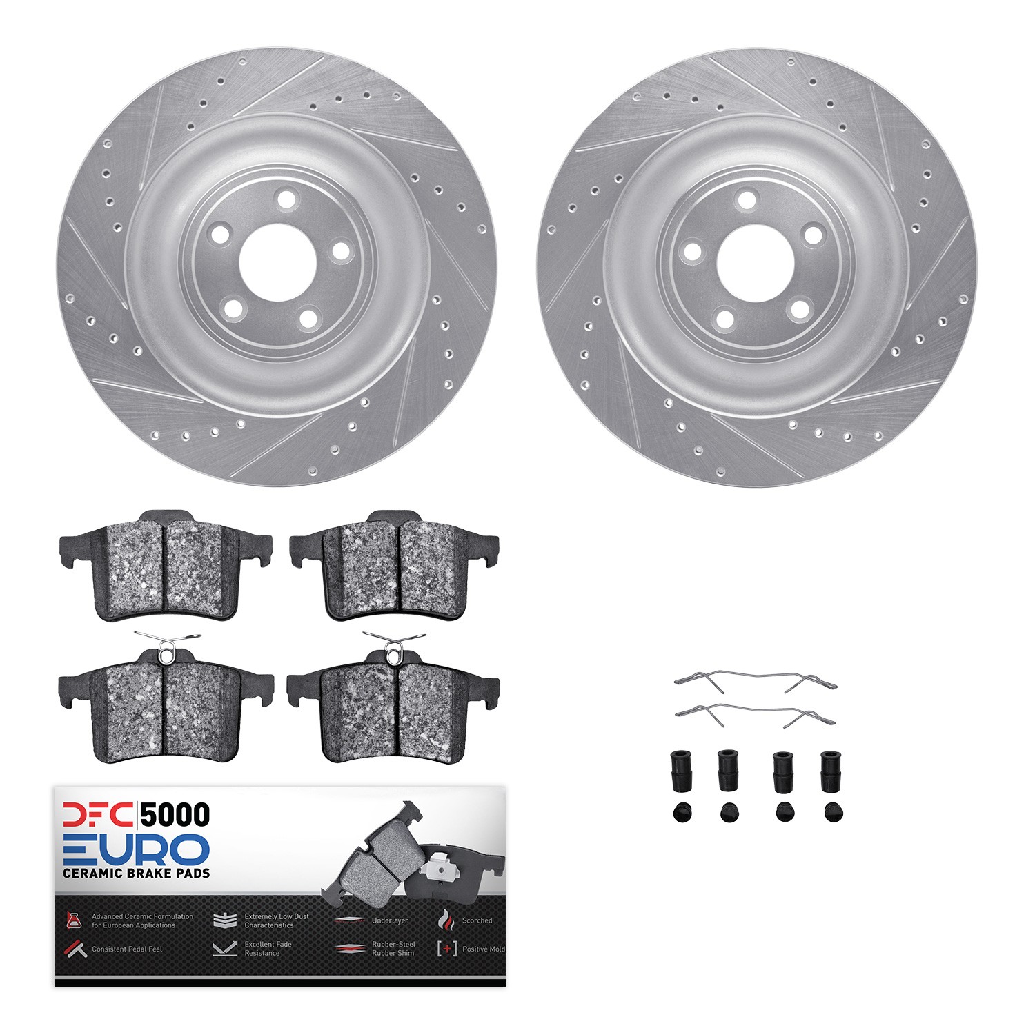 DYN 7612-20019 DFC Rotors-Drilled & Slotted-Silver w/ EURO 5000 Ceramic Brake Pads Incl Hdw