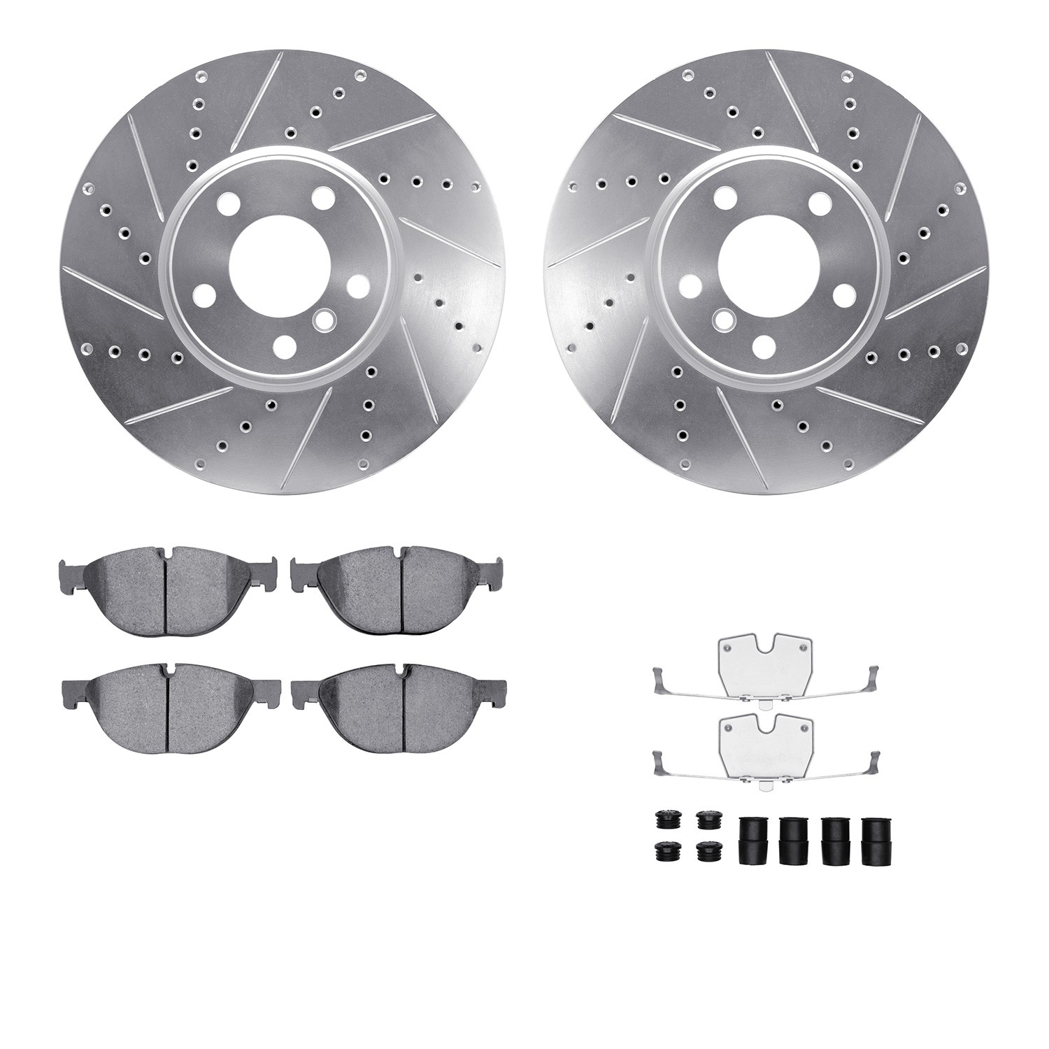 DYN 7612-31084 DFC Rotors-Drilled & Slotted-Silver w/ EURO 5000 Ceramic Brake Pads Incl Hdw