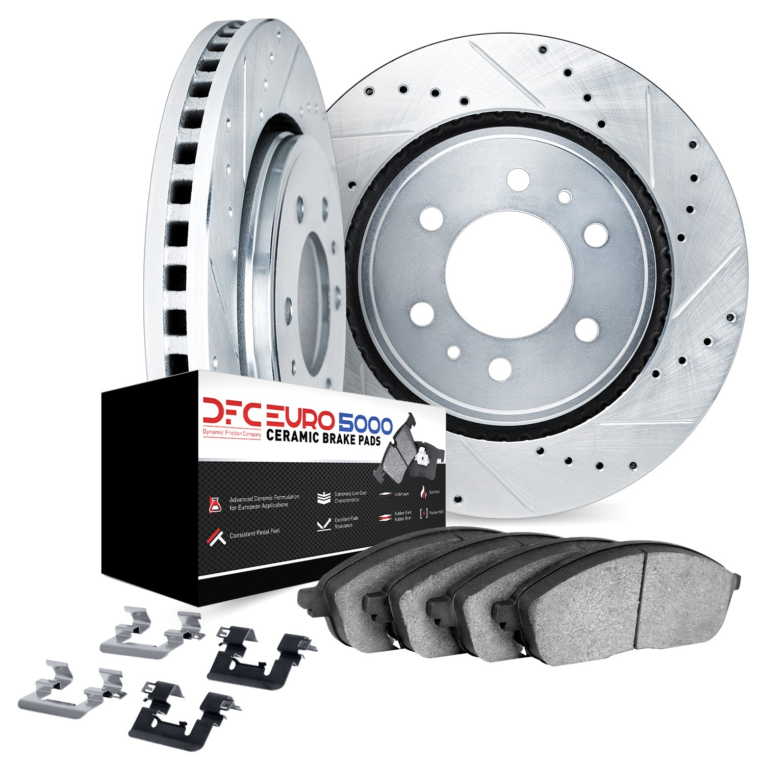 DYN 7612-47014 DFC Rotors-Drilled & Slotted-Silver w/ EURO 5000 Ceramic Brake Pads Incl Hdw