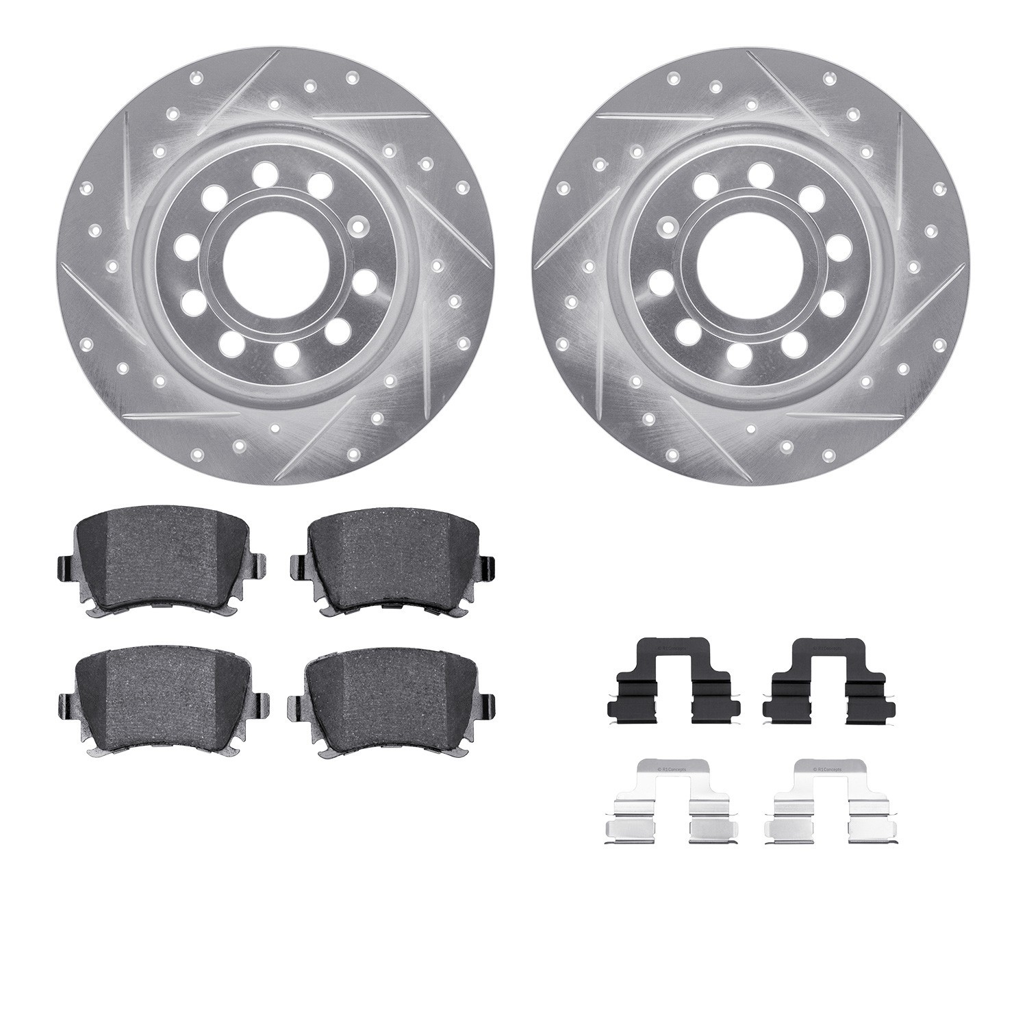 DYN 7612-74056 DFC Rotors-Drilled & Slotted-Silver w/ EURO 5000 Ceramic Brake Pads Incl Hdw
