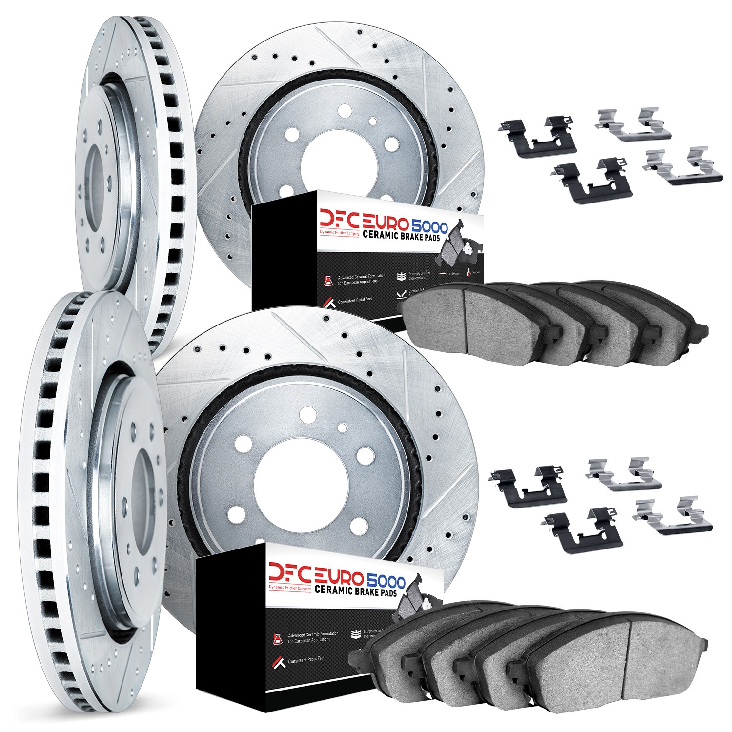 DYN 7614-48000 DFC Rotors-Drilled & Slotted-Silver w/ EURO 5000 Ceramic Brake Pads Incl Hdw