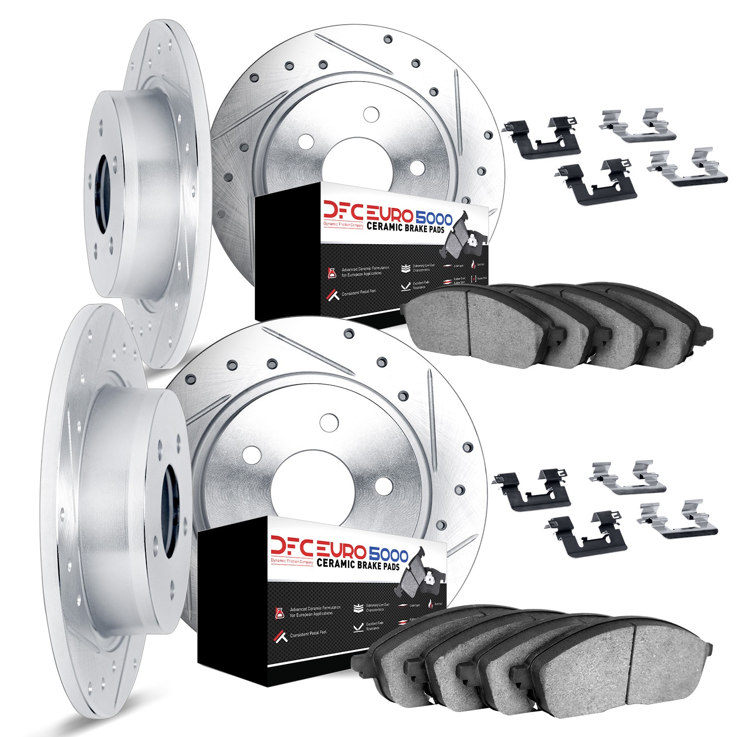 DYN 7614-63008 DFC Rotors-Drilled & Slotted-Silver w/ EURO 5000 Ceramic Brake Pads Incl Hdw