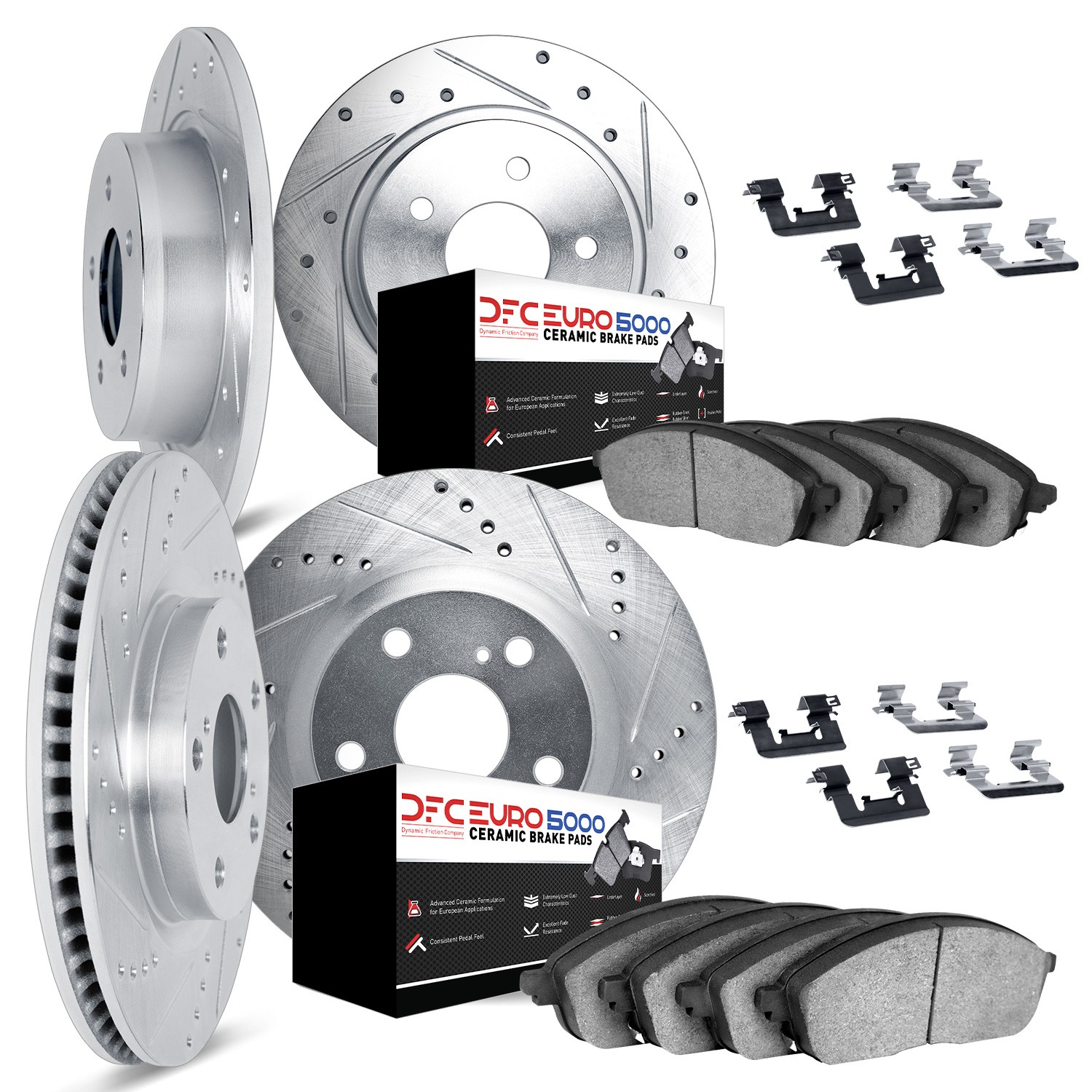 DYN 7614-63025 DFC Rotors-Drilled & Slotted-Silver w/ EURO 5000 Ceramic Brake Pads Incl Hdw