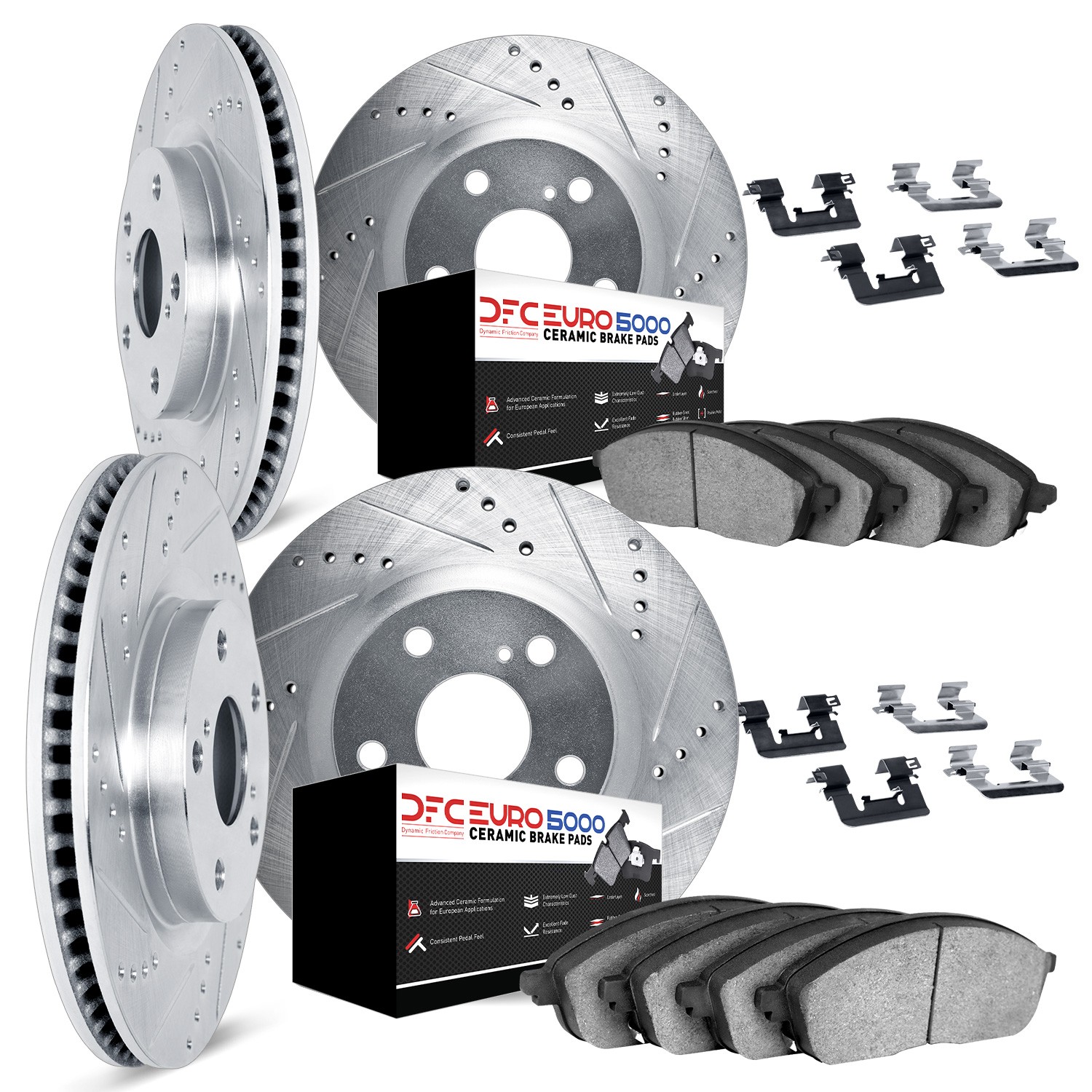 DYN 7614-67001 DFC Rotors-Drilled & Slotted-Silver w/ EURO 5000 Ceramic Brake Pads Incl Hdw