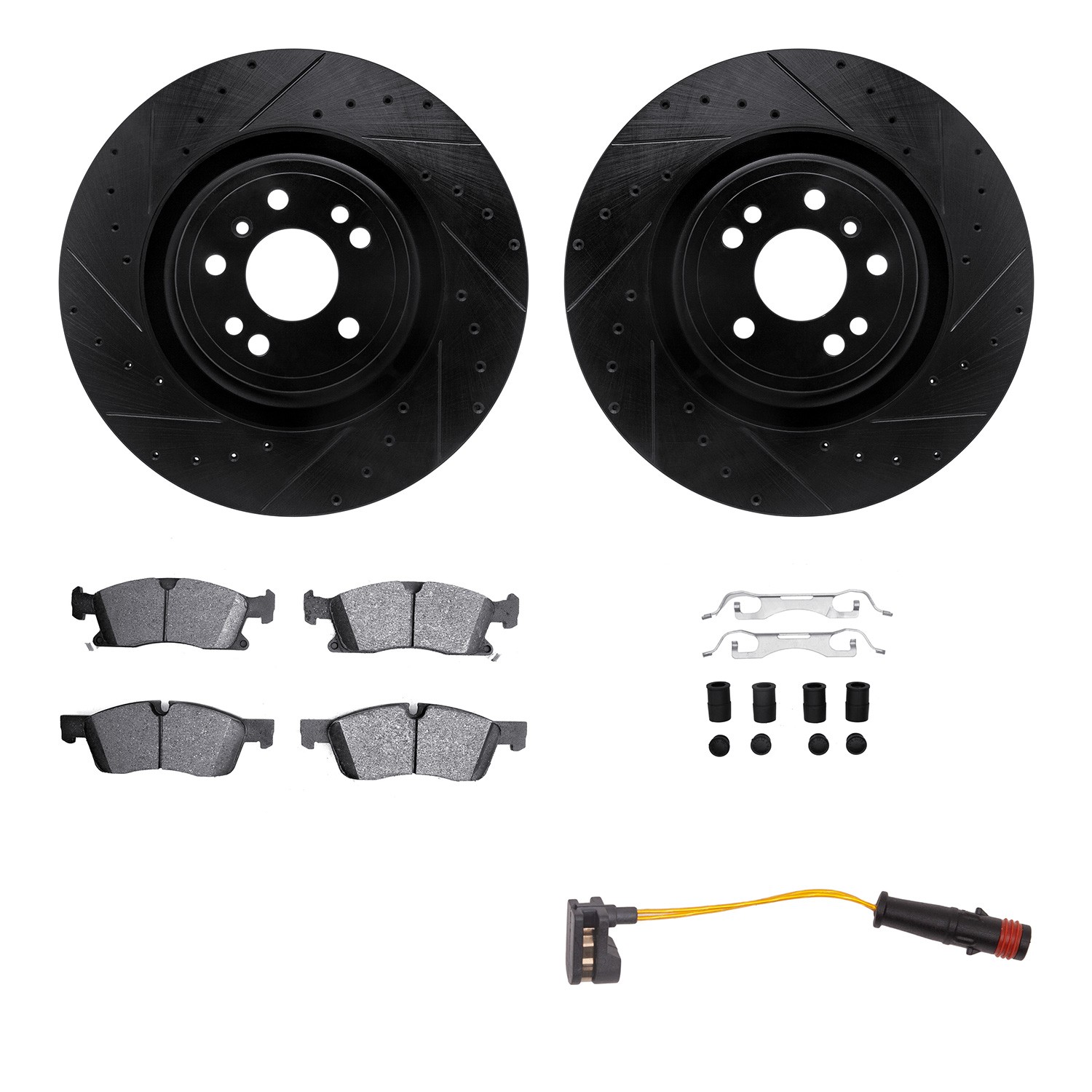 DYN 8222-63003 DFC Brake Rotor - Drilled & Slotted - Black w/HD Brake Pad w/HW Kit & Sensor