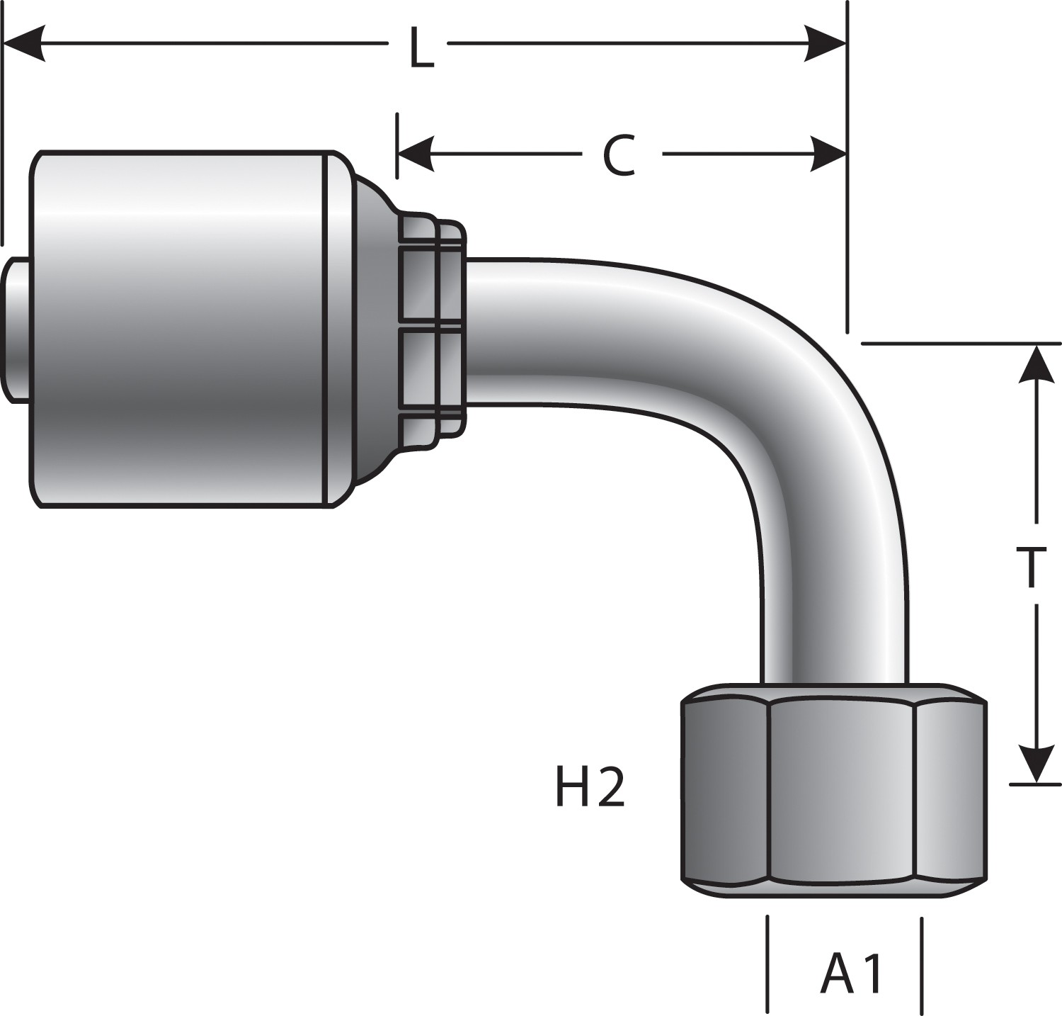 Gates G256550408 Female DIN 24 Cone Swivel - Light Series with O-Ring - 90 Bent Tube (MegaCrimp) - Image 3